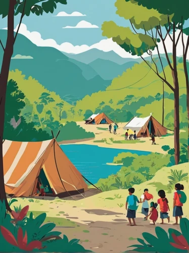 campsite,tents,tent camp,indian tent,game illustration,tourist camp,campground,tipi,camping tipi,elephant camp,villagers,travel poster,nomadic people,digital nomads,camping tents,khokhloma painting,nomadic children,laos,tent,kids illustration,Illustration,Japanese style,Japanese Style 06