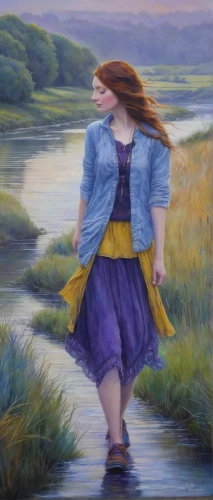 girl on the river,the blonde in the river,woman walking,girl walking away,little girl in wind,oil painting,oil painting on canvas,little girl running,low water crossing,carol colman,walk on water,to the river,riverbank,girl with bread-and-butter,girl on the boat,woman playing,waterway,watercourse,girl in a long,river landscape,Illustration,Realistic Fantasy,Realistic Fantasy 30