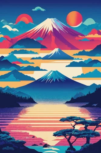 mount fuji,fuji,japan landscape,mt fuji,japan,japanese mountains,fuji mountain,fujiyama,japanese wave,japanese waves,hokkaido,kamchatka,lake tanuki,japanese background,volcanic landscape,cool woodblock images,volcanos,japanese alps,kyoto,volcano,Illustration,Vector,Vector 17