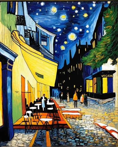 night scene,vincent van gough,david bates,vincent van gogh,montmartre,post impressionism,motif,the cobbled streets,bistrot,glass painting,street cafe,art painting,street scene,paris cafe,starry night,roy lichtenstein,breton,bethlehem,italian painter,cool woodblock images,Art,Classical Oil Painting,Classical Oil Painting 39