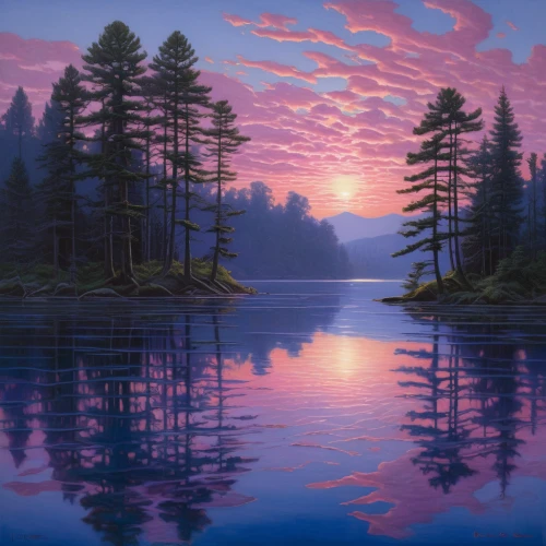 purple landscape,evening lake,pink dawn,river landscape,forest landscape,landscape background,calm water,nature landscape,beautiful lake,dusk,natural landscape,beautiful landscape,landscape nature,mountainlake,fantasy landscape,dawn,before the dawn,twilight,calm waters,mountain lake,Illustration,Realistic Fantasy,Realistic Fantasy 03