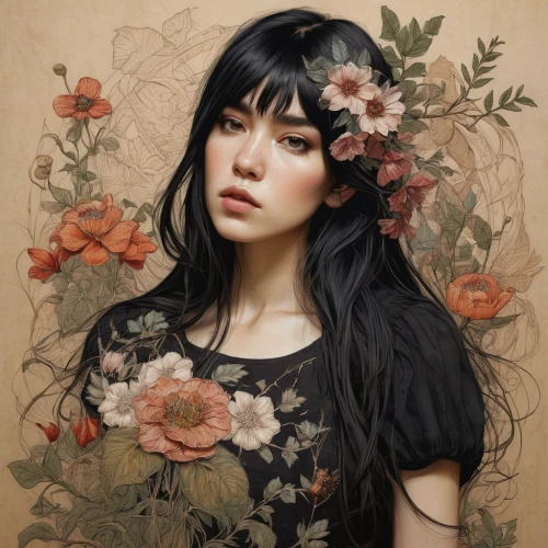 girl in flowers,japanese floral background,beautiful girl with flowers,floral background,kahila garland-lily,vintage floral,mystical portrait of a girl,wreath of flowers,fantasy portrait,flora,blooming wreath,flower girl,floral wreath,floral composition,floral japanese,wilted,girl in a wreath,flower fairy,windflower,elven flower,Photography,General,Natural