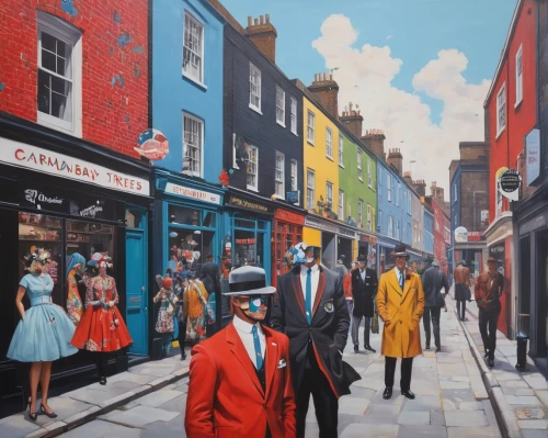 dublin,old street,oil painting on canvas,shoreditch,art painting,meticulous painting,street artists,notting hill,oil painting,carol colman,waterford,greystreet,eastgate street chester,art dealer,man in red dress,oil on canvas,street scene,fifties,vintage art,london,Illustration,Realistic Fantasy,Realistic Fantasy 24