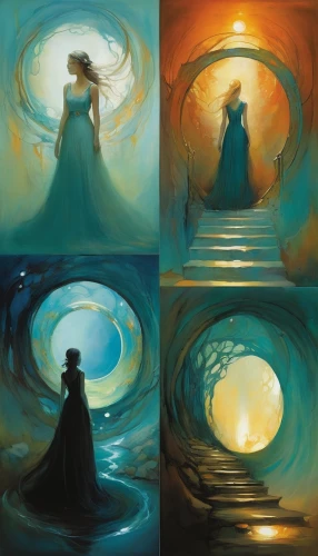 five elements,whirling,paintings,four seasons,celtic woman,silhouette art,phases,fairytale characters,women silhouettes,backgrounds,fantasy art,fairytales,fairy tale icons,oils,maelstrom,stages,crown silhouettes,swirling,spectral colors,illustrations,Illustration,Realistic Fantasy,Realistic Fantasy 16