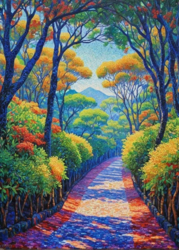 pathway,tree lined lane,tree lined path,fruit fields,autumn landscape,tree grove,forest road,oil painting on canvas,forest path,forest landscape,maple road,tree-lined avenue,jacaranda trees,purple landscape,fall landscape,row of trees,jacaranda,color fields,oil painting,hiking path,Conceptual Art,Daily,Daily 31