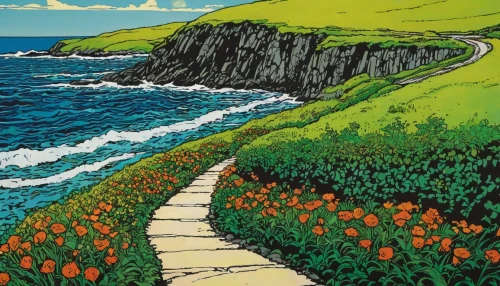 cape marguerites,pathway,jeju island,cape marguerite,isle of may,jeju,the road to the sea,coastal road,david bates,sea beach-marigold,coastal landscape,poppy fields,poppy field,tommie crocus,cornwall,orange bay,ireland,orange tulips,trollius of the community,hiking path,Illustration,American Style,American Style 14