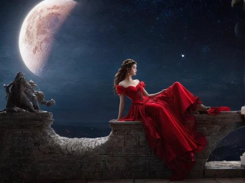 man in red dress,celtic woman,red gown,fantasy picture,romantic night,lady in red,romantic scene,the night of kupala,girl in red dress,photo manipulation,moonlit night,red cape,the moon and the stars,night view of red rose,honeymoon,photoshop manipulation,queen of the night,in red dress,digital compositing,fairy tale,Photography,Documentary Photography,Documentary Photography 36