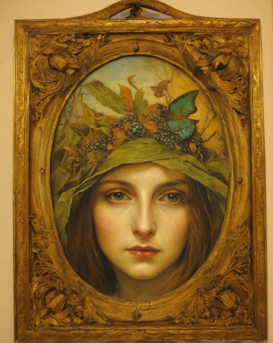 art nouveau frame,girl in a wreath,art nouveau frames,art nouveau,ivy frame,mucha,copper frame,decorative frame,the hat of the woman,woman's hat,floral and bird frame,floral frame,art deco frame,botanical frame,woman's face,laurel wreath,portrait of a girl,art nouveau design,round autumn frame,gold stucco frame,Illustration,Realistic Fantasy,Realistic Fantasy 14