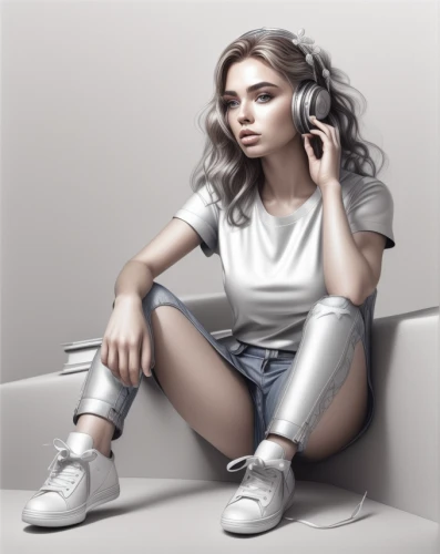 digital painting,girl sitting,spotify icon,vector art,silver,vector illustration,fashion vector,world digital painting,digital art,portrait background,grey background,girl drawing,shoes icon,digital drawing,digital artwork,dj,puma,sitting,gradient mesh,soundcloud icon