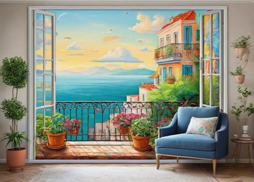 window with sea view,sicily window,window curtain,big window,italian painter,ocean view,window treatment,positano,home landscape,french windows,bedroom window,art painting,seaside view,panoramic landscape,portofino,window to the world,the window,window with shutters,sea landscape,taormina,Illustration,Abstract Fantasy,Abstract Fantasy 07