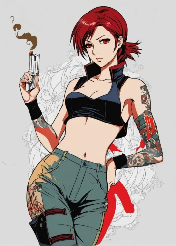 tattoo girl,bullet,mary jane,smoking girl,harley,transistor,girl smoke cigarette,cigarette girl,maryjane,punk design,girl with a gun,girl with gun,barista,red ginger,handgun,bad girl,mina bird,holding a gun,cigarette,smoker,Art,Artistic Painting,Artistic Painting 44