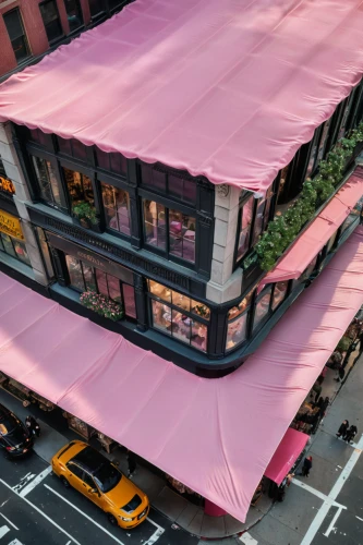 awnings,awning,pink squares,new york restaurant,5th avenue,highline,folding roof,meatpacking district,pink paper,new york streets,colorful facade,aerial view umbrella,store fronts,willis building,roof tent,large tent,facade insulation,glass building,chrysler fifth avenue,pink car,Photography,General,Natural