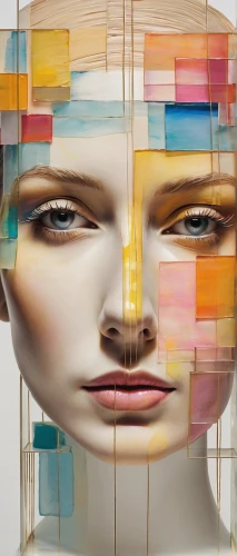 multicolor faces,mondrian,woman face,multiple exposure,woman's face,artist's mannequin,woman thinking,facets,vitrine,head woman,meticulous painting,mannequins,plexiglass,virtual identity,photomontage,cubism,glass painting,fractalius,abstraction,abstract artwork