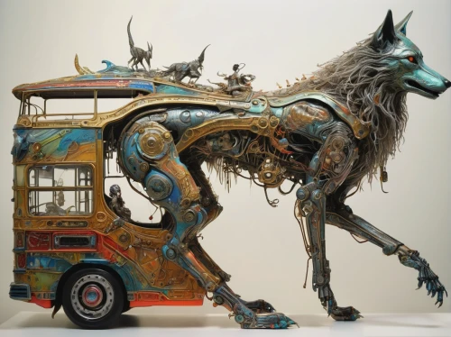 scrap sculpture,electric donkey,stagecoach,carnival horse,greyhound,ac greyhound,car sculpture,horse trailer,ceremonial coach,carousel horse,lion's coach,moottero vehicle,whimsical animals,the system bus,scrap truck,sculptor ed elliott,donkey cart,cybertruck,anthropomorphized animals,polish greyhound,Conceptual Art,Sci-Fi,Sci-Fi 13