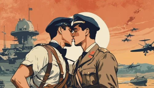 sailors,world war ii,travel poster,ships,kissing,stalingrad,lost in war,pearl harbor,ship,wartime,usn,second world war,warsaw uprising,vintage boy and girl,sea scouts,wwii,italian poster,submarine,ww2,world war,Illustration,Japanese style,Japanese Style 06