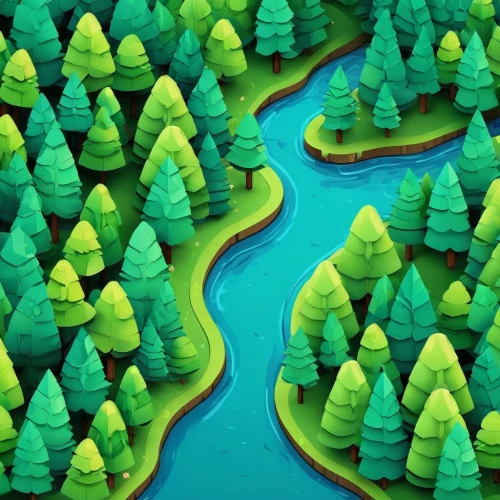 coniferous forest,cartoon forest,temperate coniferous forest,green trees with water,forests,trees with stitching,river landscape,tropical and subtropical coniferous forests,pine trees,larch forests,a river,forest landscape,terrain,fir forest,cartoon video game background,green forest,the forests,low poly,meander,lego background,Unique,3D,Isometric