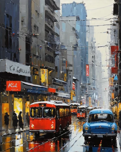 oil painting on canvas,city scape,oil painting,tram road,cityscape,são paulo,hong kong,street car,buenos aires,colorful city,arbat street,street scene,oil on canvas,sydney australia,streetcar,tram,istanbul city,kowloon,city corner,lima,Illustration,Japanese style,Japanese Style 20