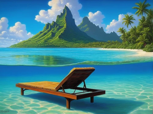 dream beach,tahiti,bora-bora,tropical sea,deckchair,island suspended,beach furniture,beach landscape,tropical beach,tropical island,paradise beach,idyllic,caribbean beach,french polynesia,bora bora,deserted island,beach chair,beautiful beach,ocean paradise,cartoon video game background,Illustration,Realistic Fantasy,Realistic Fantasy 18