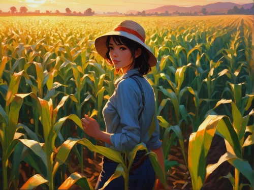 grant wood,corn field,woman of straw,field of cereals,farmer,maize,cornfield,girl with bread-and-butter,farm girl,corn ordinary,straw hat,yamada's rice fields,in the field,corn,agricultural,melodica,fields,crops,agroculture,cultivated field,Conceptual Art,Fantasy,Fantasy 19