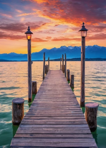 wooden pier,fishing pier,lake constance,wooden bridge,thun lake,lake garda,lake geneva,jetty,old jetty,lake annecy,old pier,dock,chiemsee,incredible sunset over the lake,boat dock,lake balaton,landscape photography,calm waters,beautiful landscape,lake maggiore,Illustration,Abstract Fantasy,Abstract Fantasy 13