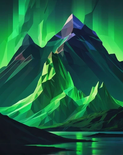 fjord,mountains,low poly,mountain,glacier,green aurora,giant mountains,emerald sea,moutains,mountain world,mountain slope,low-poly,icebergs,high mountains,peaks,fjords,glacial melt,glacier cave,borealis,snow mountains,Unique,3D,Low Poly