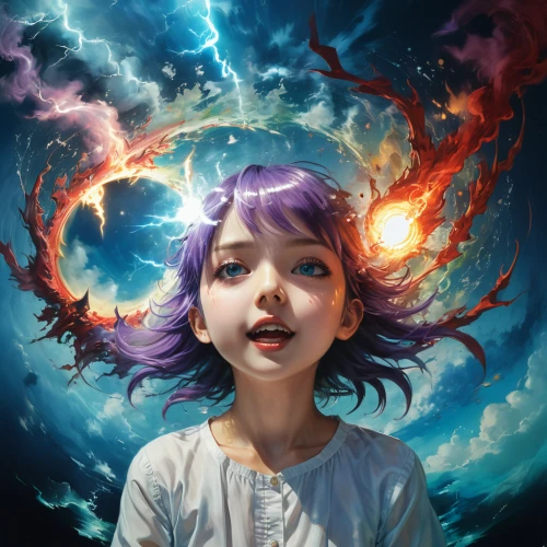 mystical portrait of a girl,fantasy portrait,little girl in wind,psychedelic art,fantasy art,sci fiction illustration,world digital painting,imagination,fantasy picture,cosmic eye,acerola,astral traveler,cosmic flower,ultraviolet,supernova,celestial,child fairy,kids illustration,nebula,digital art,Illustration,Japanese style,Japanese Style 19