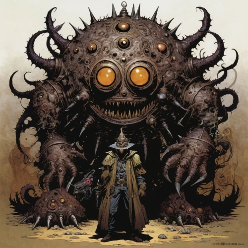 three eyed monster,prejmer,steampunk gears,cog,steampunk,heroic fantasy,game illustration,cogs,hinnom,clockmaker,dune 45,one eye monster,sci fiction illustration,nomads,massively multiplayer online role-playing game,child monster,giant schirmling,clockwork,the wanderer,cawl,Illustration,American Style,American Style 06