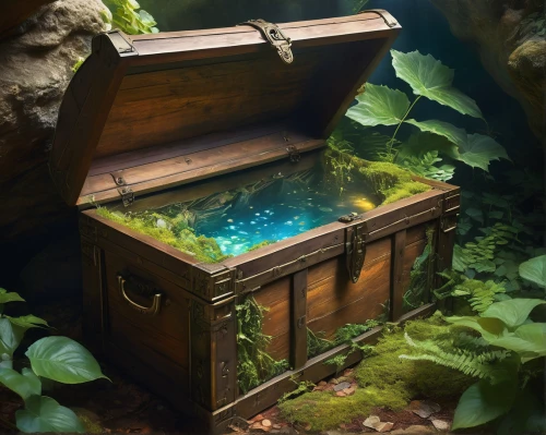 treasure chest,wishing well,music chest,fishing float,terrarium,underwater oasis,aquatic herb,fish tank,tackle box,treasure hunt,aquarium,pirate treasure,treasure house,freshwater aquarium,card box,druid stone,apothecary,mountain spring,collected game assets,stone sink,Conceptual Art,Fantasy,Fantasy 05