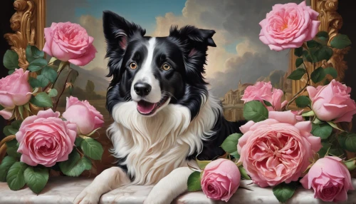 canine rose,collie,border collie,australian collie,welsh cardigan corgi,scotch collie,english shepherd,cardigan welsh corgi,australian shepherd,smooth collie,romantic portrait,landseer,dog-roses,pet portrait,rough collie,dog shetland sheepdog,borzoi,shetland sheepdog,dog roses,miniature australian shepherd,Art,Classical Oil Painting,Classical Oil Painting 01