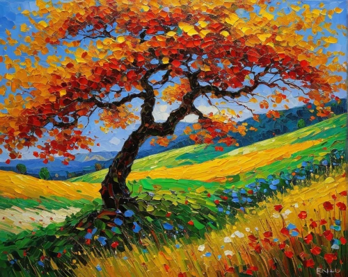 autumn landscape,fall landscape,autumn tree,fruit fields,orange tree,painted tree,colorful tree of life,autumn trees,apple trees,tangerine tree,autumn background,oil painting,fruit tree,oil painting on canvas,apple tree,fall foliage,post impressionist,trees in the fall,orchards,rural landscape,Art,Artistic Painting,Artistic Painting 32