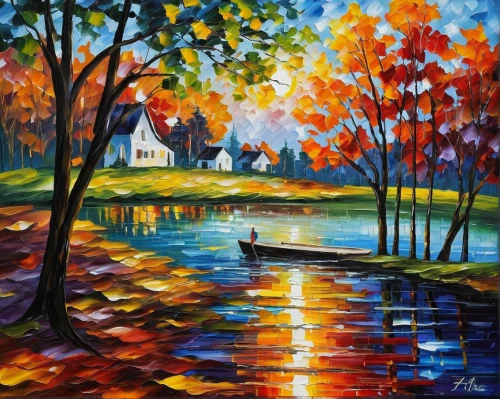 autumn landscape,fall landscape,autumn idyll,home landscape,autumn background,autumn scenery,oil painting on canvas,river landscape,art painting,boat landscape,house by the water,the autumn,autumn day,motif,house with lake,one autumn afternoon,boathouse,autumn decoration,cottage,oil painting,Conceptual Art,Oil color,Oil Color 13