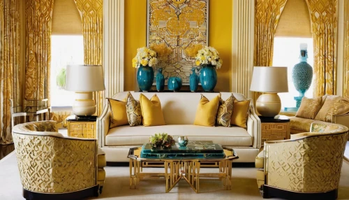 ornate room,moroccan pattern,yellow wallpaper,gold stucco frame,interior decor,breakfast room,gold paint strokes,gold lacquer,interior decoration,luxury home interior,damask,art deco,sitting room,great room,gold foil corner,table lamps,gold paint stroke,chaise lounge,gold ornaments,interior design,Illustration,Vector,Vector 16