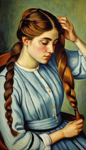the long-hair cutter,braiding,girl with bread-and-butter,portrait of a girl,girl with cloth,david bates,girl at the computer,young woman,tying hair,woman sitting,girl with cereal bowl,woman holding pie,girl in cloth,young girl,girl in a long,hairdressing,hair iron,meticulous painting,hair ribbon,braid,Photography,Documentary Photography,Documentary Photography 25