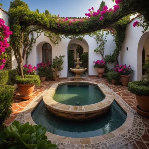 bougainvilleas,bougainvillea,hacienda,courtyard,provencal life,secret garden of venus,decorative fountains,landscape designers sydney,beautiful home,bougainvillea azalea,patio,spanish tile,floor fountain,rose arch,morocco,luxury property,santa barbara,stone fountain,alhambra,pergola,Photography,General,Natural