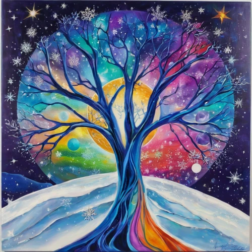 colorful tree of life,snow tree,snowy tree,painted tree,celtic tree,winter tree,watercolor tree,magic tree,wondertree,winter background,winter magic,the branches of the tree,winter dream,snow trees,tree of life,solstice,snow scene,mantra om,mother earth,the snow queen,Illustration,Realistic Fantasy,Realistic Fantasy 20