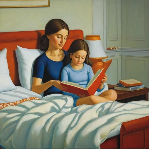 little girl reading,child with a book,children studying,woman on bed,readers,little girl and mother,reading,carol m highsmith,oil painting,carol colman,oil painting on canvas,read a book,e-book readers,girl studying,relaxing reading,oil on canvas,blue pillow,mom and daughter,mother and daughter,book electronic,Illustration,Realistic Fantasy,Realistic Fantasy 26