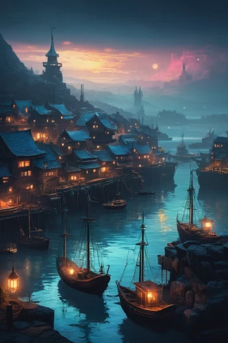 fishing village,harbor,fantasy landscape,ancient city,world digital painting,night scene,docks,floating huts,fantasy picture,harbour,boat harbor,fantasy city,lanterns,busan night scene,evening atmosphere,sea night,spa town,seaport,fantasy art,medieval town,Photography,Documentary Photography,Documentary Photography 23