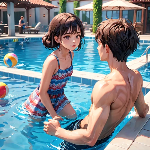 kawaii people swimming,water game,one-piece swimsuit,pool,aqua studio,swimming pool,boy and girl,poolside,water fight,swimming,honmei choco,jumping into the pool,outdoor pool,girl and boy outdoor,summer party,tankini,sanya,pool water,pool bar,studio ghibli,Anime,Anime,General