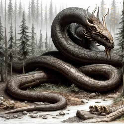 serpent,brown snake,wyrm,black dragon,rattlesnake,black snake,pointed snake,constrictor,basilisk,terrestrial animal,rat snake,venomous snake,anaconda,sharptail snake,forest dragon,woodland salamander,emperor snake,rock python,thunder snake,red bellied black snake