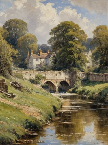 brook landscape,river landscape,stone bridge,constable,robert duncanson,gapstow bridge,rural landscape,chapel bridge,exmoor,village scene,brixlegg,river wharfe,water mill,tied-arch bridge,old bridge,gufufoss,moret-sur-loing,source de la sorgue,landscape,idyll,Conceptual Art,Oil color,Oil Color 10