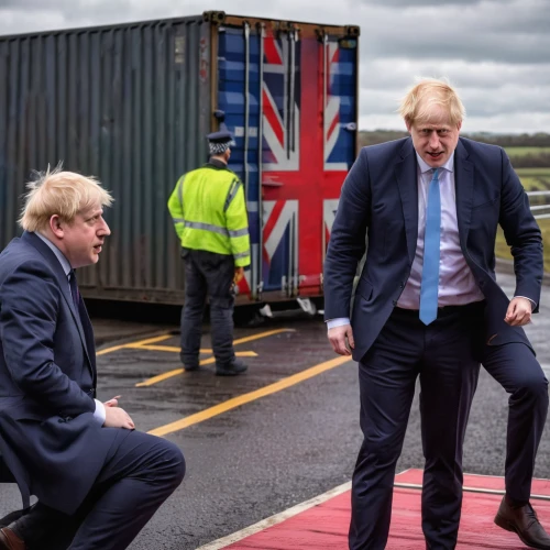 brexit,gullivers travels,united kingdom,handshaking,suit trousers,stage combat,uk,ford transit,uk sea,tie shoes,leave border,wheelstand competition,pig's trotters,double-decker bus,a black man on a suit,fighting stance,bobsleigh,britain,scrap trade,risk joy,Conceptual Art,Oil color,Oil Color 09