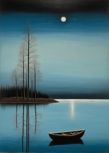 moonlit night,boat landscape,evening lake,moonlit,night scene,fishing float,hanging moon,blue moon,calm waters,carol colman,moonlight,calm water,sailing-boat,oil painting on canvas,sea landscape,row boat,river landscape,oil painting,moonrise,oil on canvas,Art,Artistic Painting,Artistic Painting 02