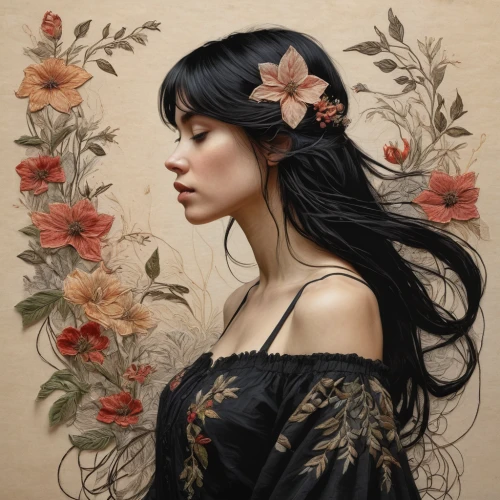 fantasy portrait,girl in flowers,kahila garland-lily,mystical portrait of a girl,girl in a wreath,japanese floral background,flora,elven flower,wreath of flowers,wilted,japanese art,floral wreath,jasmine blossom,geisha girl,dry bloom,beautiful girl with flowers,floral japanese,rosa ' amber cover,geisha,blooming wreath,Photography,General,Natural