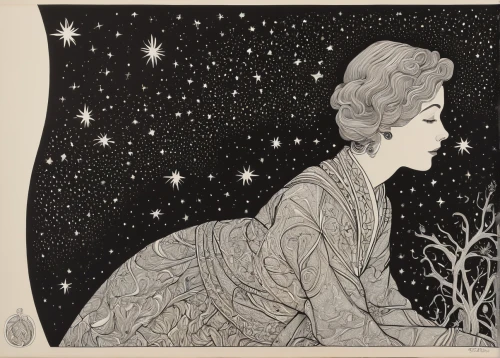 vintage drawing,art deco woman,stargazing,vintage illustration,star illustration,cool woodblock images,kate greenaway,pointillism,queen of the night,mucha,mary pickford - female,star line art,ethel barrymore - female,constellations,astronomer,starry sky,the stars,the snow queen,starry,lady of the night,Illustration,Black and White,Black and White 20