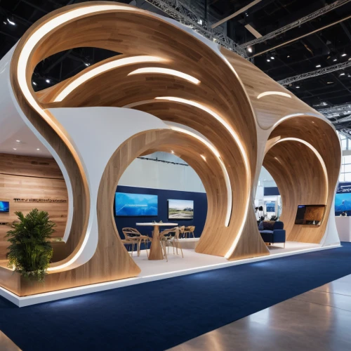 property exhibition,archidaily,semi circle arch,plywood,wooden rings,wave wood,wooden construction,wooden beams,timber house,sales booth,modern office,laminated wood,modern decor,smart home,wood structure,car showroom,contemporary decor,zagreb auto show 2018,interior modern design,wood doghouse,Photography,General,Commercial