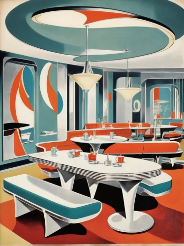retro diner,mid century modern,mid century,atomic age,ufo interior,drive in restaurant,saucer,diner,art deco,soda fountain,fifties,flying saucer,60s,art deco background,food court,fast food restaurant,breakfast on board of the iron,model years 1958 to 1967,abstract retro,soda shop,Illustration,Retro,Retro 12
