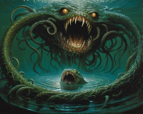 cuthulu,sea monsters,kraken,three eyed monster,water creature,merfolk,polyp,serpent,three-lobed slime,noorderleech,homarus,medusa gorgon,parasite,tour to the sirens,drowning in metal,gorgon,maelstrom,supernatural creature,water snake,angler,Illustration,Realistic Fantasy,Realistic Fantasy 03