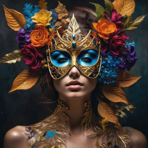 venetian mask,masquerade,golden mask,gold mask,headdress,the carnival of venice,masque,tribal masks,golden wreath,masks,mask,feather headdress,gold foil art,fantasy portrait,headpiece,bodypainting,masked,laurel wreath,beauty mask,wooden mask,Photography,Artistic Photography,Artistic Photography 08