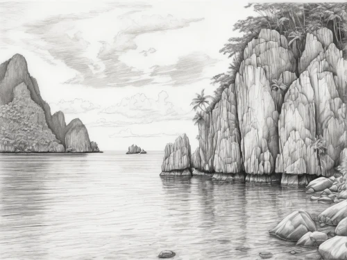 phang nga bay,coastal landscape,karst landscape,navajo bay,halong bay,khao phing kan,an island far away landscape,sea landscape,landscape with sea,railay bay,ham ninh,james bond island,pencil drawings,beach landscape,limestone cliff,han thom,sea stack,seascape,natural landscape,granite island,Illustration,Black and White,Black and White 30