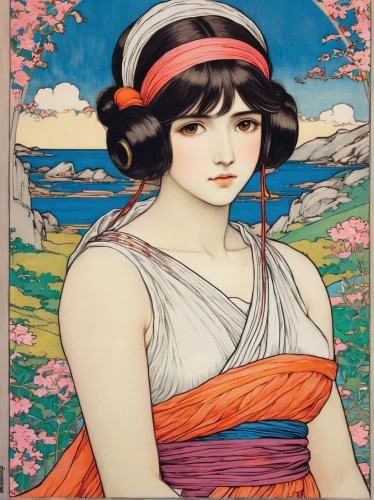 cool woodblock images,japanese woman,art deco woman,japanese art,amano,geisha,geisha girl,mucha,oriental painting,japanese floral background,woodblock prints,vintage art,oriental girl,japan,girl in flowers,art nouveau,girl with cereal bowl,shirakami-sanchi,mikado,honzen-ryōri,Illustration,Japanese style,Japanese Style 04